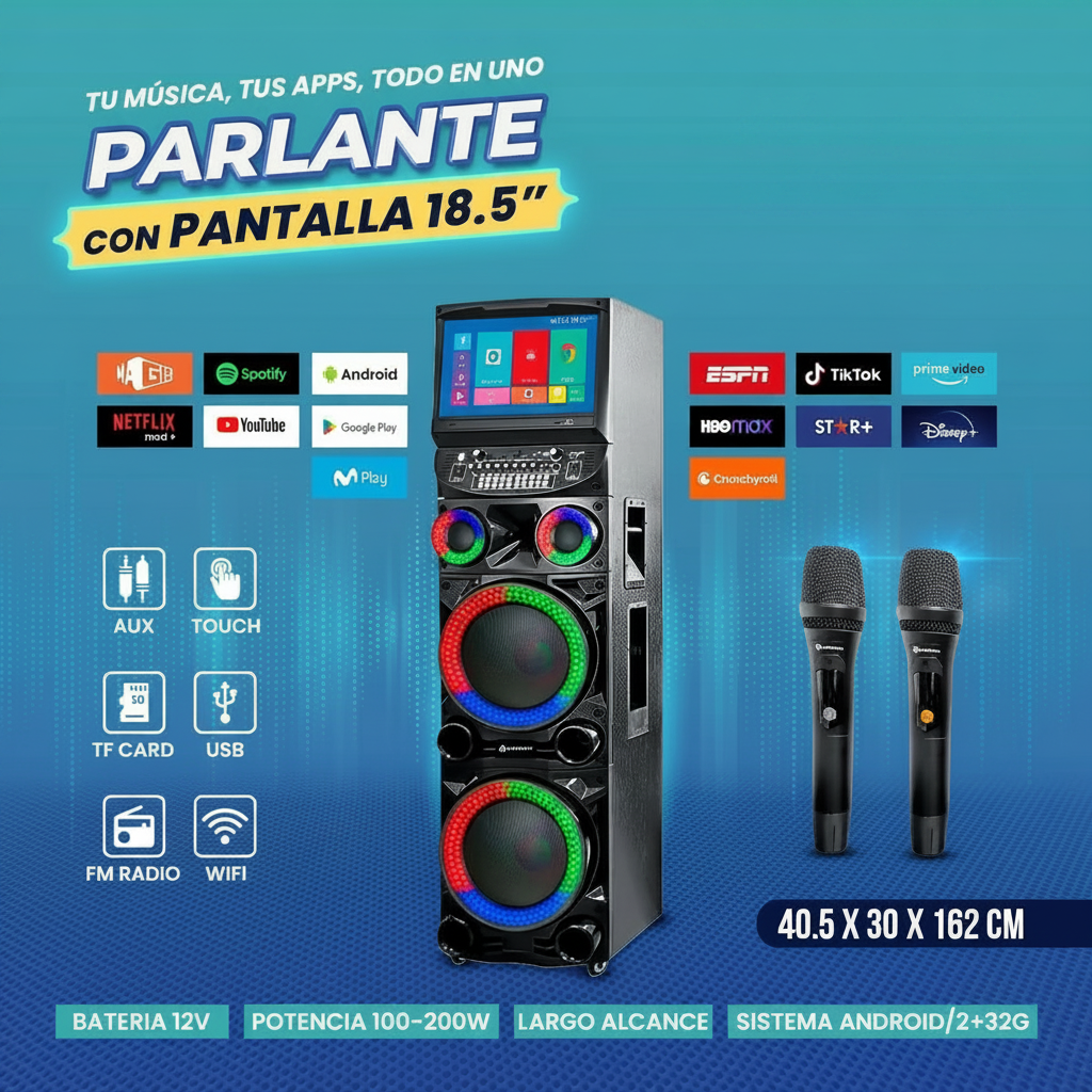 Parlante Karaoke con pantalla 18.5 pulgadas y micrófonos